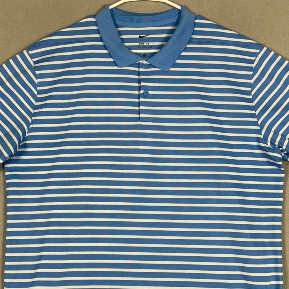 Nike Polo Shirt Mens XL Dri-FIT Blue White Striped Golf Performance Short Sleeve